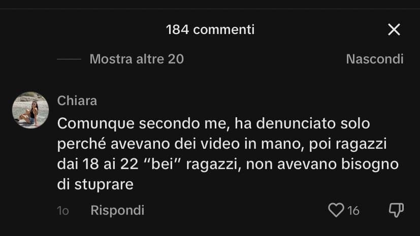 Chiara ci dice che solo i cessi stuprano e quindi alla fine la colpevole è proprio la ragazza... Che bella la solidarietà femminile 🤗