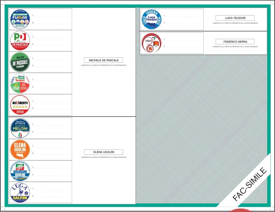 Fac simile scheda elettorale delle elezioni regionali in Emilia Romagna 2024