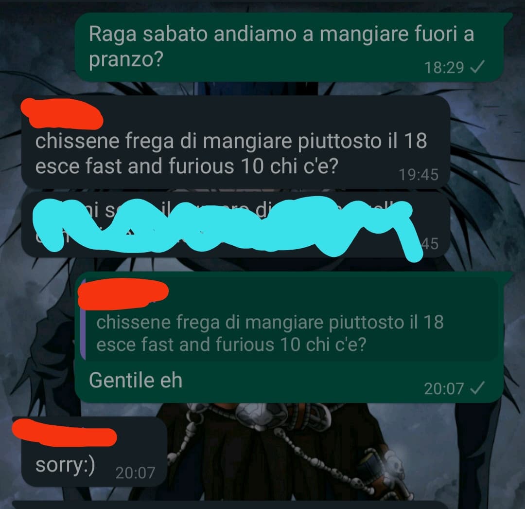 MA VAFFANCULO. C'è io propongo di uscire in gruppo visto che è tanto che non lo facciamo e tu mi rispondi così? Brutto stronzo. Mi sono rotta il cazzo, non è la prima volta che vengo trattata così. Ora basta. Sul serio.