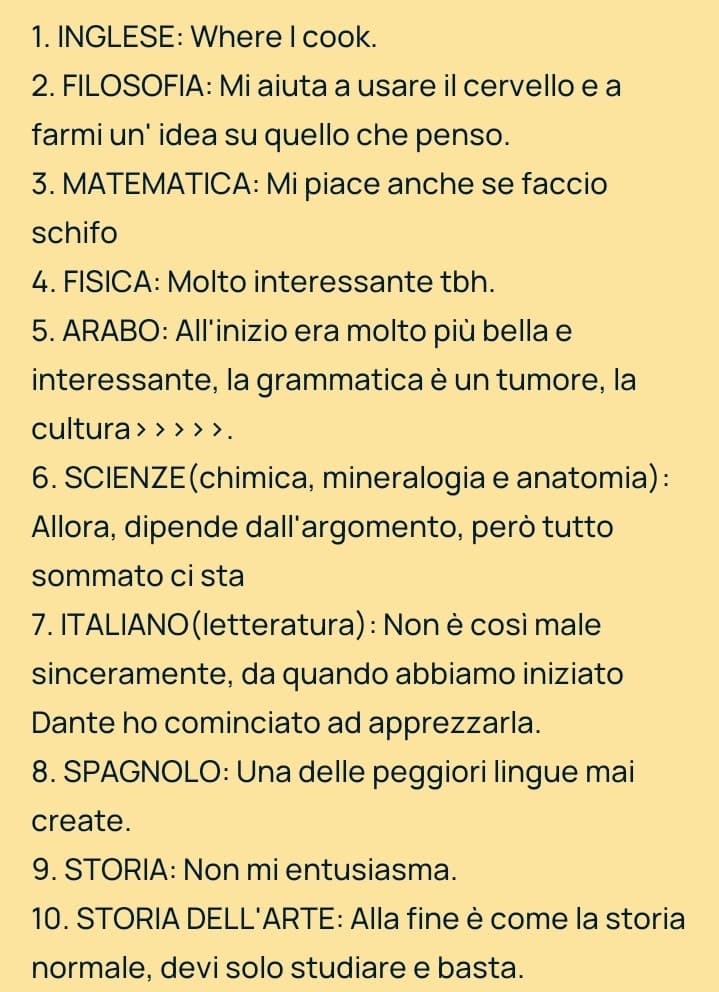 Classifica delle materie che faccio.