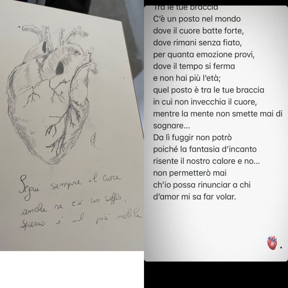 A sinistra il disegno che lui mi ha chiesto di fare sul suo banco dopo che ha visto cosa volevo disegnare,a destra la storia che ha messo negli amici stretti con l’emoticon