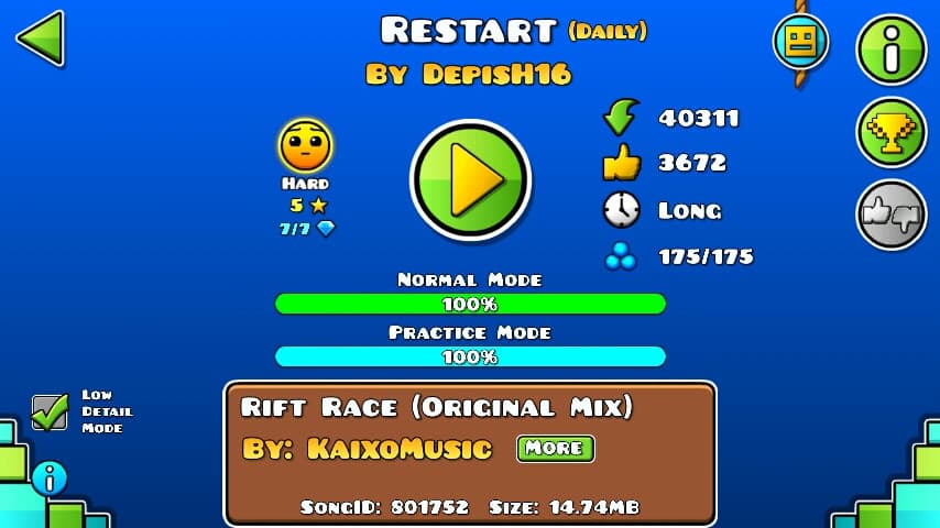 Restart 100%; By DepisH16; (Difficoltà: Hard 5?); (Grado: Normal)