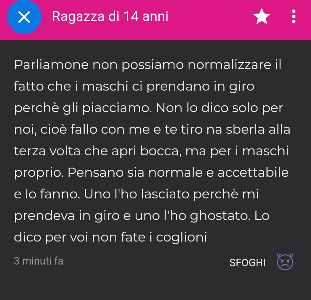 Scrivo un segreto dicendo che è stupido prendere per il culo la gente per rimorchiare e mi arrivano i matti frustrati perchè sono stati friendzonati cioè andate a guardare i commenti del segreto 