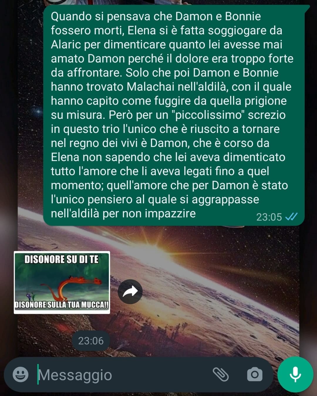 Io che riassumo una delle scene più sdolcinate e allo stesso tempo depresse di The Vampire Diaries che sto guardando adesso. Lui: