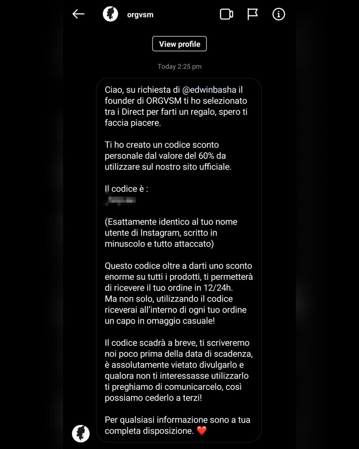 Ieri @orgvsm mi ha mandato un codice per il 60% di sconto + spedizione entro 12/24 ore, però dato che abito in Inghilterra e non posso usarlo, come ho fatto anche la scorsa volta, l'ho dato alla mia migliore amica dato che lei compra da lì---