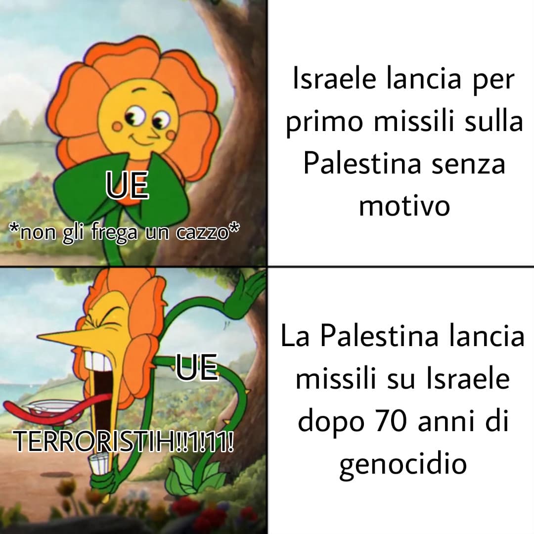 C'é una cosa che mi sta facendo impazzire della situazione Israele-Palestina (meme fatto da me come riassunto) 