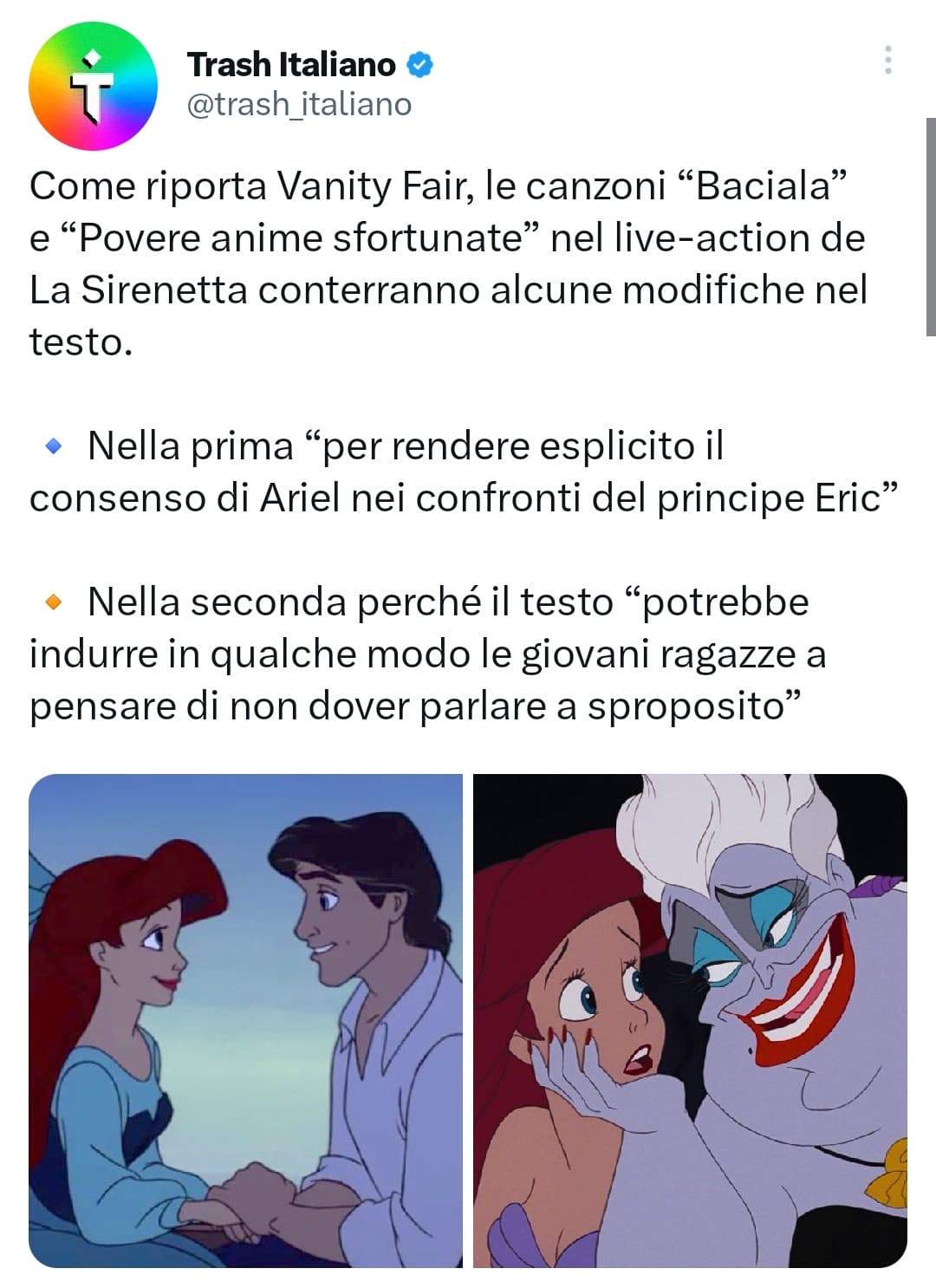 Su Ariel mulatta non ho nulla da dire, anzi penso che questo ruolo le calzi ad Halle Bailey, nemmeno su Sebastian e Flounder perché non aveva senso stilizzarli però adesso si sta un po' oltrepassando il limite.... Ma poi è Ariel che fa di tutto per baciare