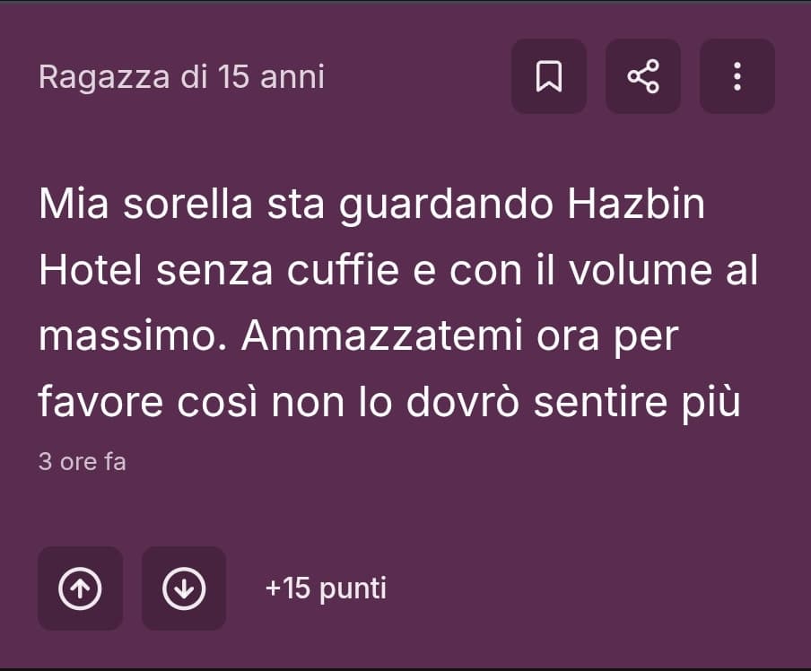 "Sto guardando Hazbin Hotel senza cuffie e con il volume al massimo e mia sorella rompe. Al posto di rompere perché non lo guarda con me?"