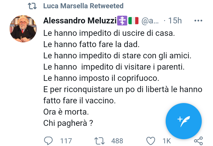 Non so Meluzzi, a chi vogliamo dare la colpa? A Draghi? Alla dittatura sanitaria? Agli ebrei? (Ci sto). O magari farsi un vaccino che può causare trombi non doveva proprio passare per la testa di una con una malattia autoimmune del sangue. 