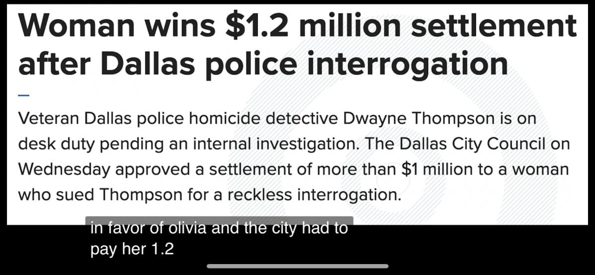 Ahh, l’America. Il paese dove una donna che quasi sicuramente ha ucciso il fidanzato ottiene un risarcimento di 1.2 milioni di dollari perché durante l’interrogatorio il detective ha urlato e lei si è sentita minacciata. Metto il link sotto