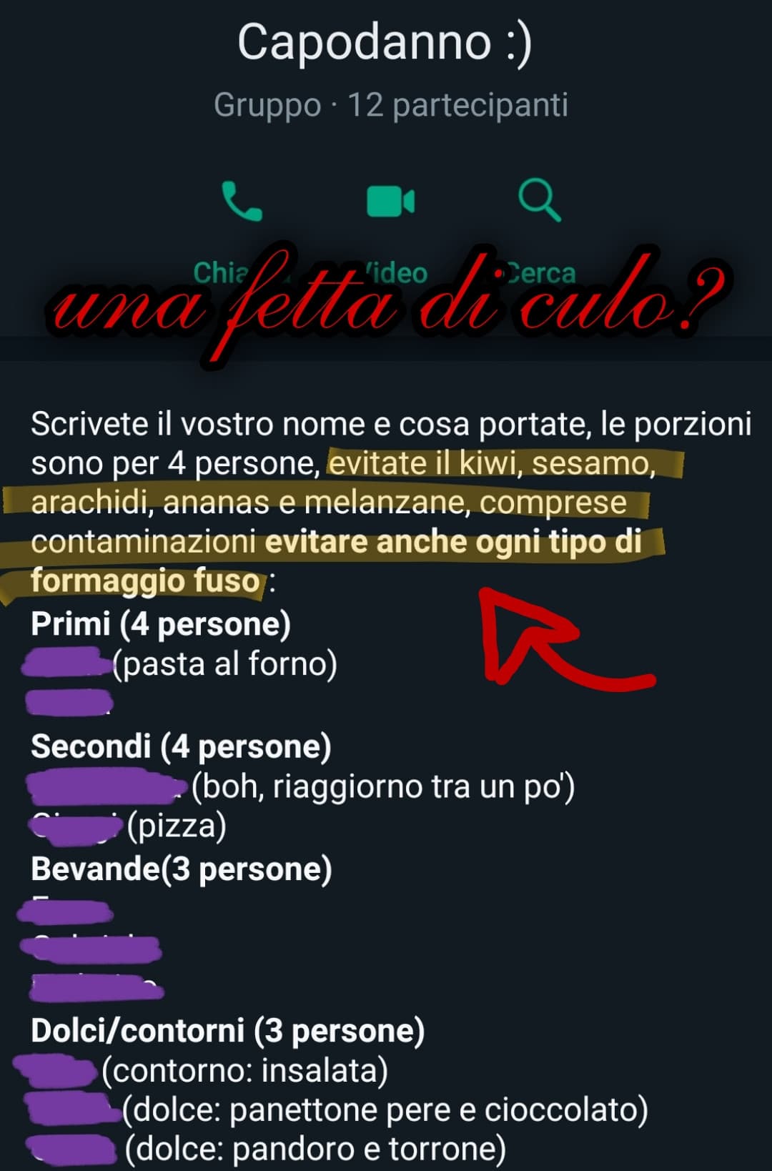 Grazie a dio io sono riuscita ad accaparrarmi un posto fra i dolci quindi non devo preoccuparmi di tutte queste intolleranze, allergie o preferenze, ma porca miseria se non puoi mangiare nulla allora cucina tu invece di limitarti a portare due cocacole