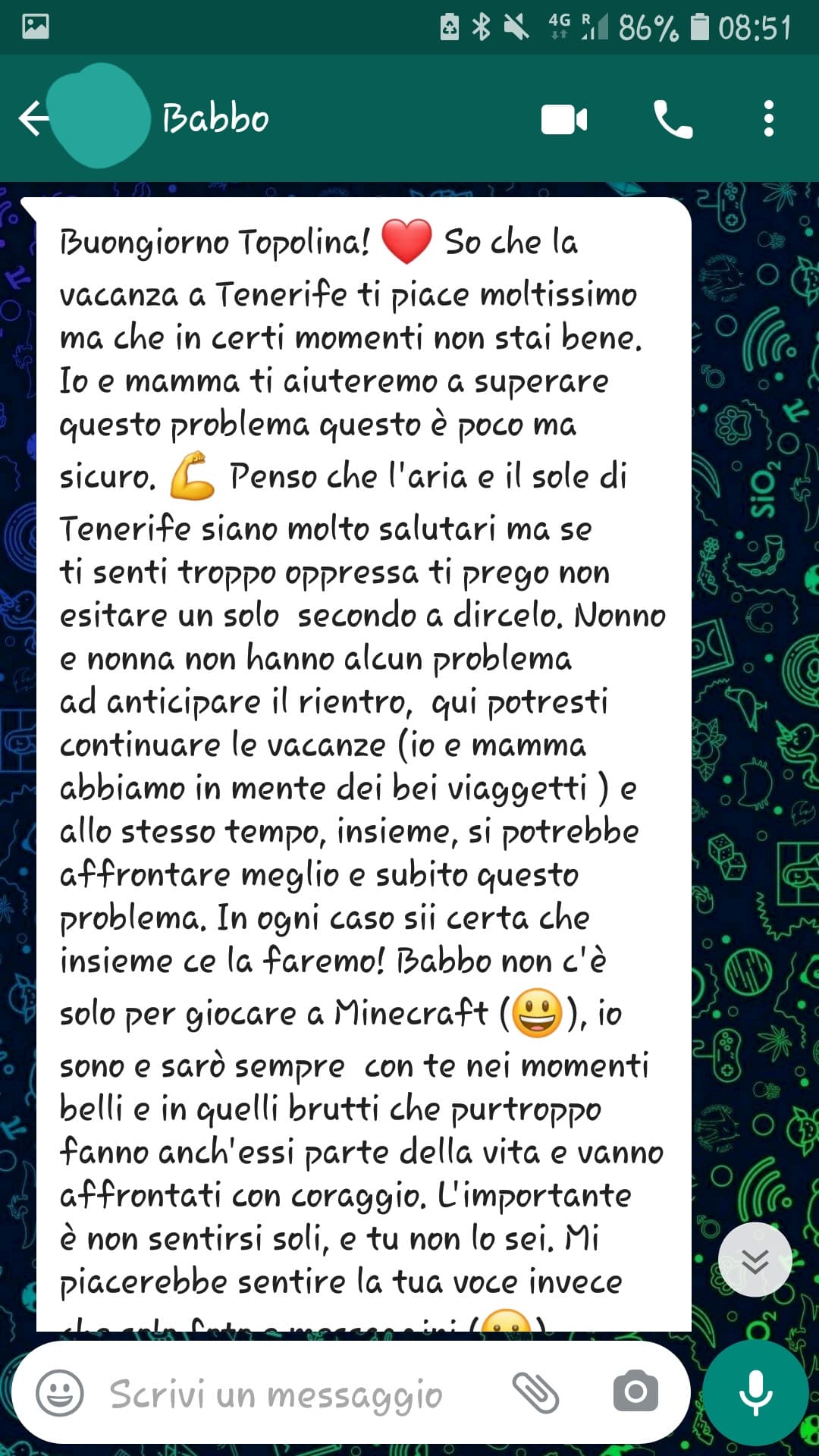 Beh, ecco il messaggio di mio padre in risposta a quello che avevo mandato a mia madre (si va beh, probabilmente erano tutti e due a casa e mia amdre lo ha fatto vedere anche a lui) coomunqie chs fastidio il femminile aah, va beh, se non riesco a far comin