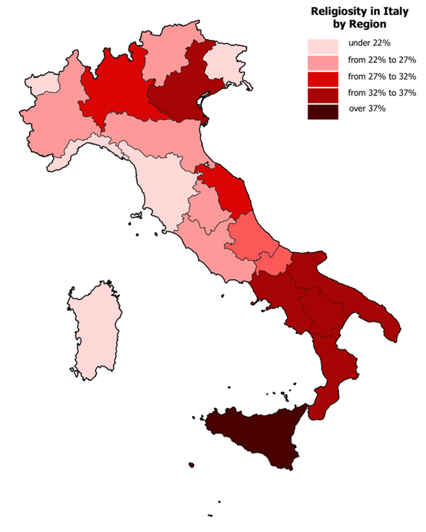 Diffusione religione in Italia (come al solito il Sud è indietro)