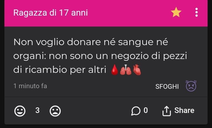 Bello come abbia tutti questi like solo perché supportare lei significa supportare voi stessi e non sentirvi male per il proprio egoismo, migliaia di persone muoiono perché non ci sono donatori 