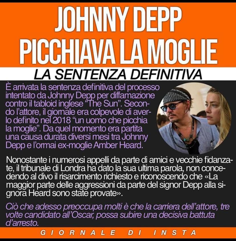 Ma il bello che Depp portò testimoni, prove audio e video che fosse lei a fare violenze su di lui che ha pure perso 1/4 del dito dopo che Amber gli spacco una bottiglia di vetro sulla mano ma tanto il giudice era amico di Amber...