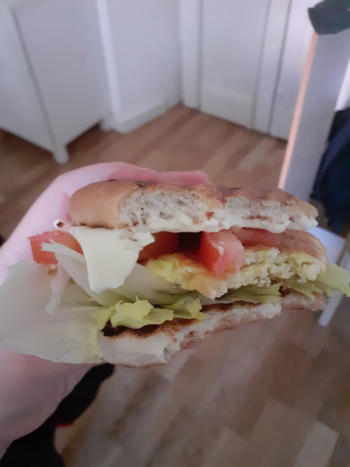 Mi sono appena fatta un sandwich con pomodoro, uova, lattuga e sottilette. È moolto più buono di quanto pensassi