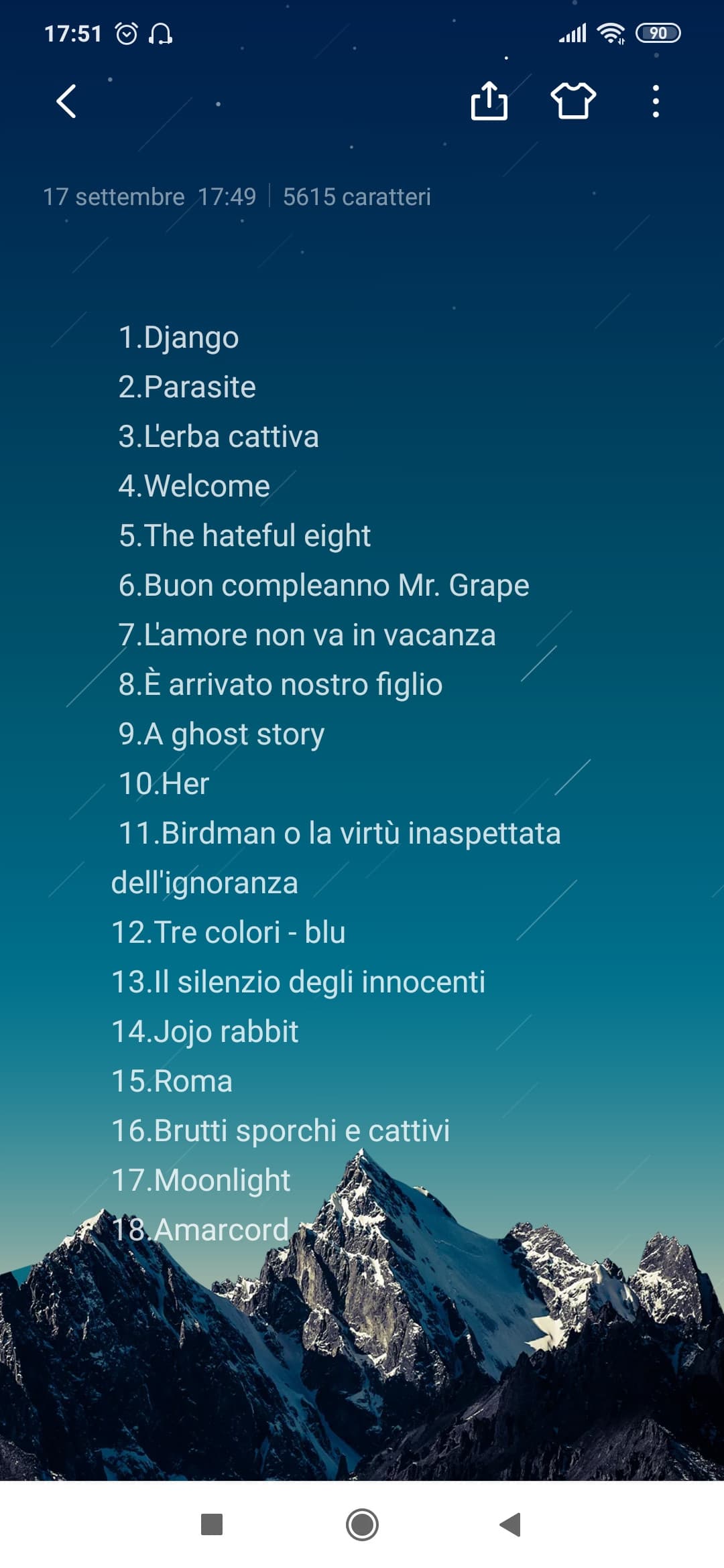 Questi sono alcuni film che ho visto dall'inizio dell'anno. Di solito non parlo di me, anche perché non mi calcola nessuno, ma oggi ho deciso di caricare la lista dei miei film per vedere se qualcuno li ha visti o me ne vuole consigliare degli altri. 