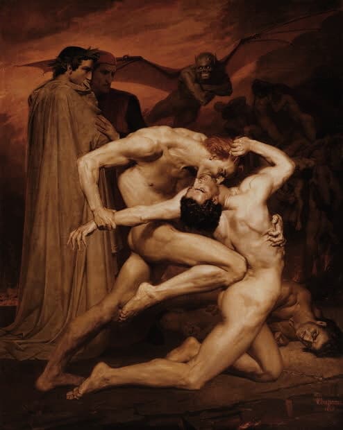 Ho trovato questo quadro di William Adolphe Bouguereau che raffigura Dante e Virgilio all'inferno, ma secondo me i soggetti migliori sono i due tipi in primo piano.