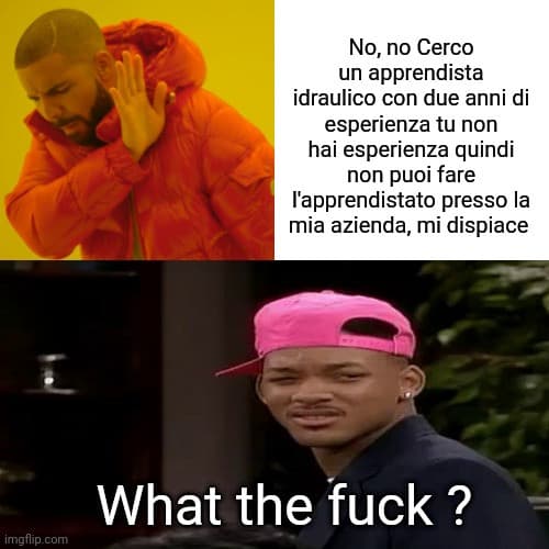 (primo lavoro che mi è venuto in mente) Che poi che cazzo significa apprendistato con esperienza? Cioè io già so fare quel mestiere quindi non hai bisogno di insegnarmelo cazzone ritardato. Solo una scusa per sfruttarti pagando di meno