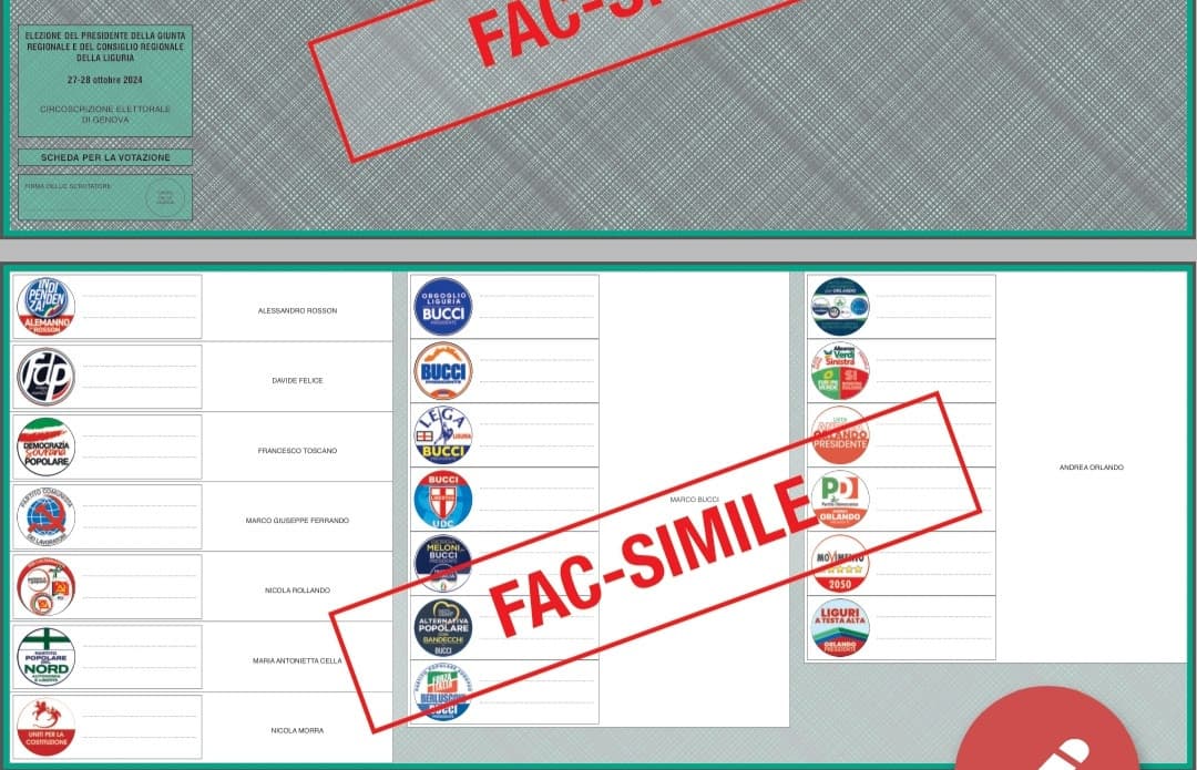 Fac simile scheda elettorale delle elezioni regionali in Liguria 2024