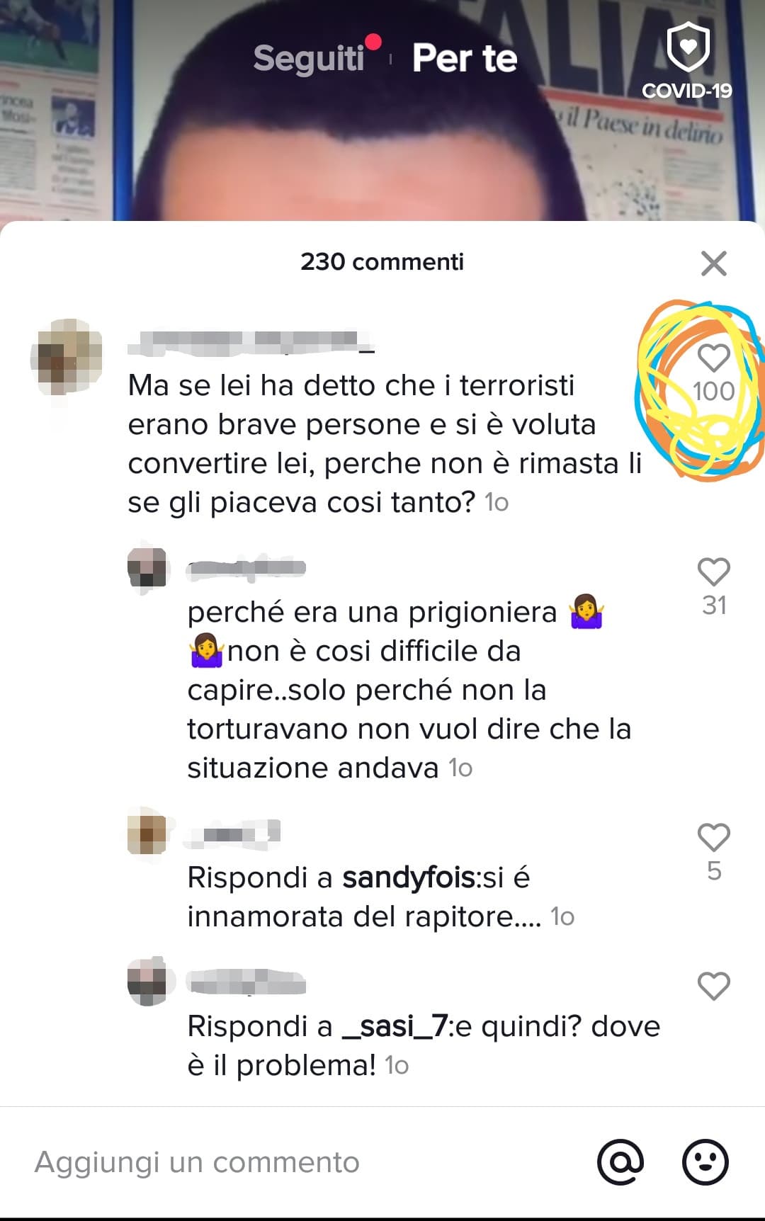 Commento di un video su tik tok che parlava di Silvia romano