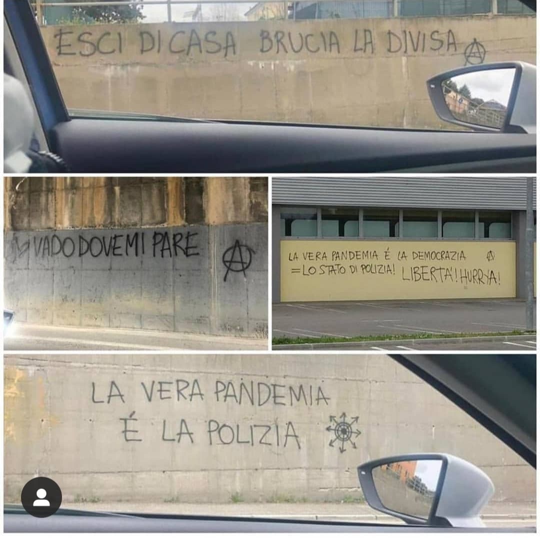 Ecco alcune scritte fatte dai centri sociali (sì, proprio quelli che fanno parte delle sardine) fuori da alcune stazioni di polizia 