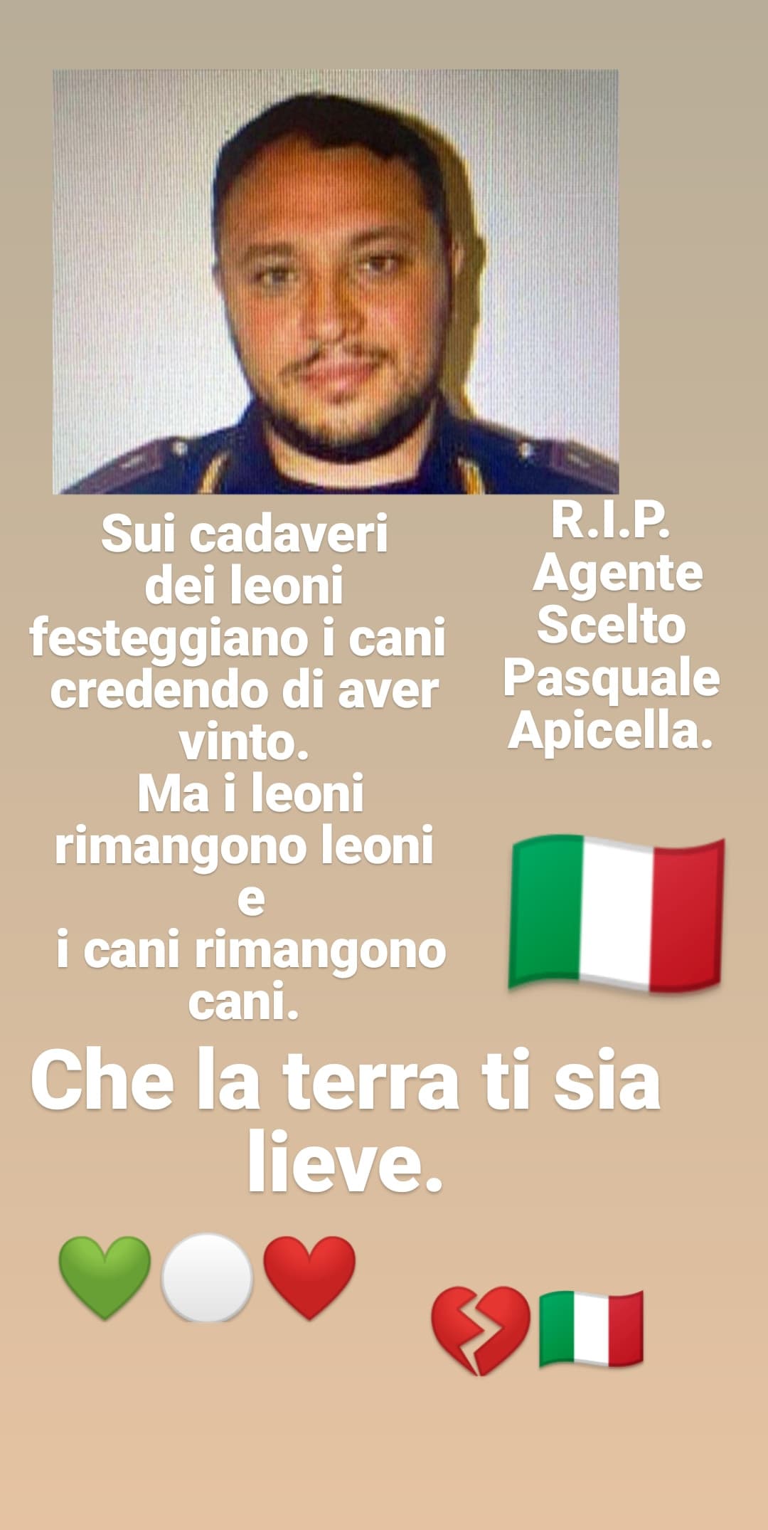 Ieri è stato ucciso un agente : l'agente scelto Pasquale Apicella. Era in servizio a Napoli quando la macchina di 3 rapinatori si è schiantata contro la volante sulla quale era a bordo. È morto in ospedale poco dopo. Lo scontro è stato talmente forte da sb