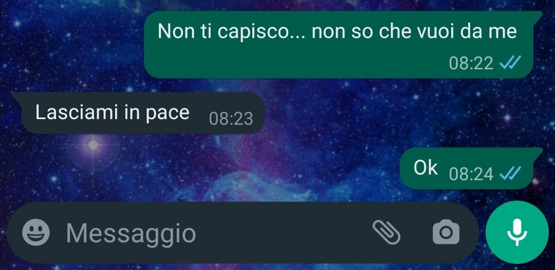 Sei tu che hai insistito tanto affinché ci rimettessimo insieme e ti avevo avvertito. Hai ignorato tutto e ora ti lamenti? Men☕