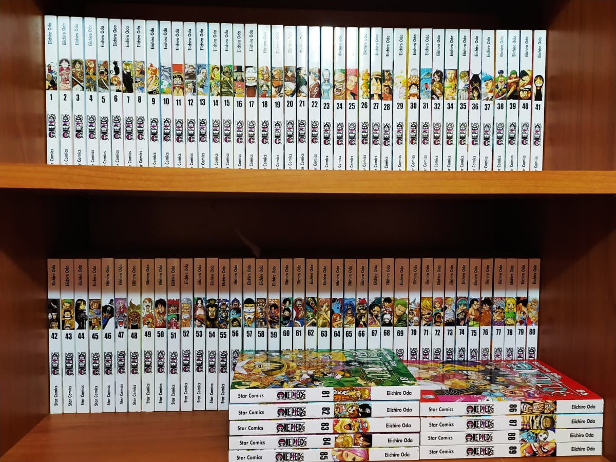 Ho tutto one piece fino al volume 91, godo (il 90 e 91 sono le variant che tengo da un'altra parte e il 33 non lo comprerò mai, perché mi fa schifo)