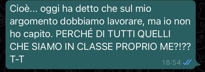 La prof ci ha assegnato delle ricerche da fare ed oggi avrei dovuto esporre la mia, ma lei ha detto di no perché “a me vuole dedicare più tempo” OwO ho una paura ✨fottuta✨Domani ha intenzione di interrogarmi tutta l’ora...