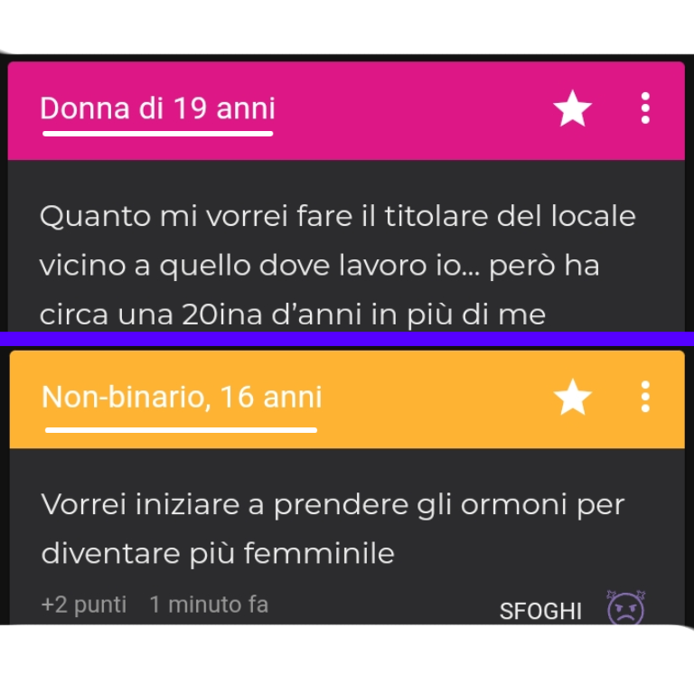 ma onestamente io non ho mai capito perché sulla gente non binary mettano la virgola e sugli altri mettano "donna/uomo ?? *anni*"