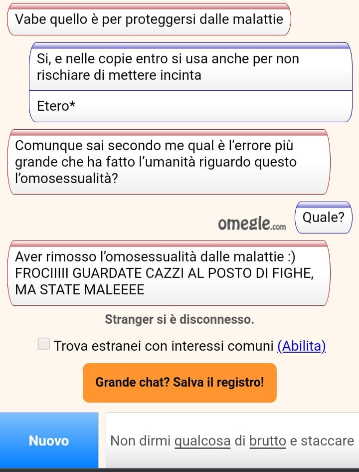 Nemmeno ha il coraggio di aspettare una risposta da me, che stacca subito...?. Io stavo scrivendo tutto in anticipo pk sapevo già che stava scrivendo una cazzata. Bravo  per aver sprecato il tempo sia a te (che se ne frega de tuo) sia che  a me, che ti sta