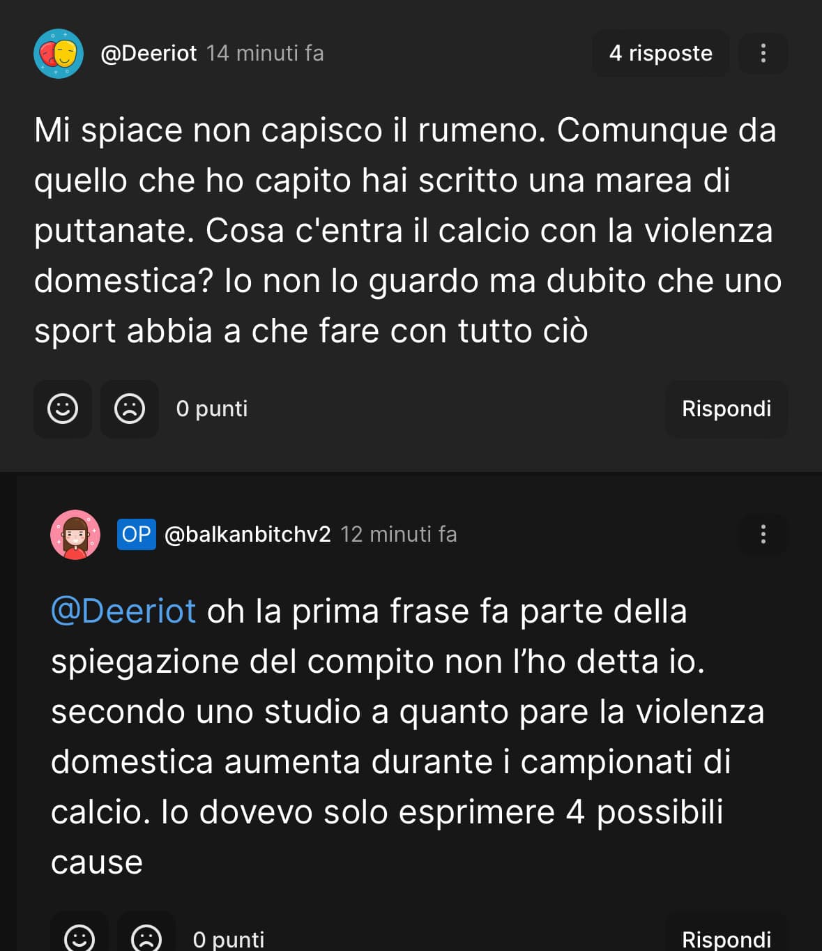 Raga ma perché non volete capire proprio di cosa sto parlando 😭 cioè io non sono giunta alla conclusione calcio=violenza. Ma mi sono espressa male? 