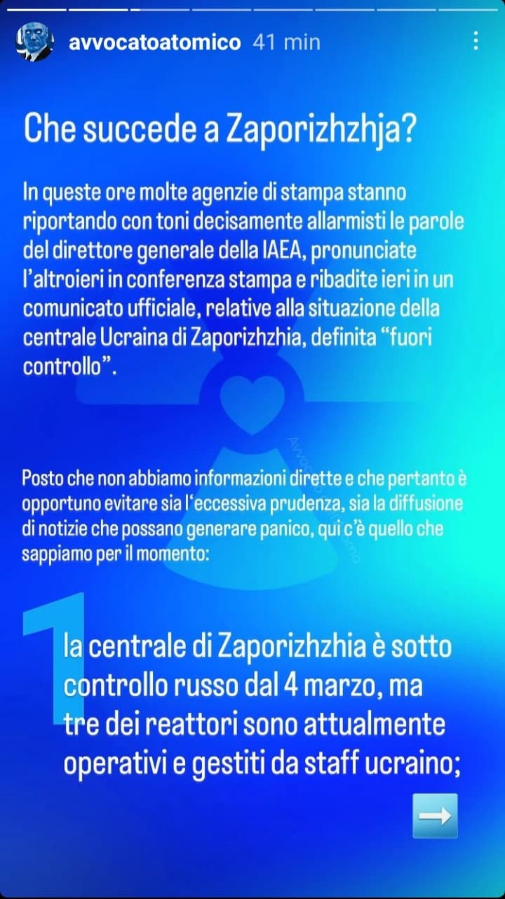 parola all'avvocato (seguitelo se non volete morire entro qualche decennio?) signori, sulle ultime notizie (grandi giornalisti italiani eh) riguardo la centrale ucraina in mano ai russi