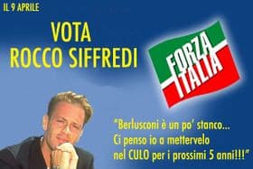 Cartellone pubblicitario della campagna elettorale del 2025 di Rocco Siffredi. 