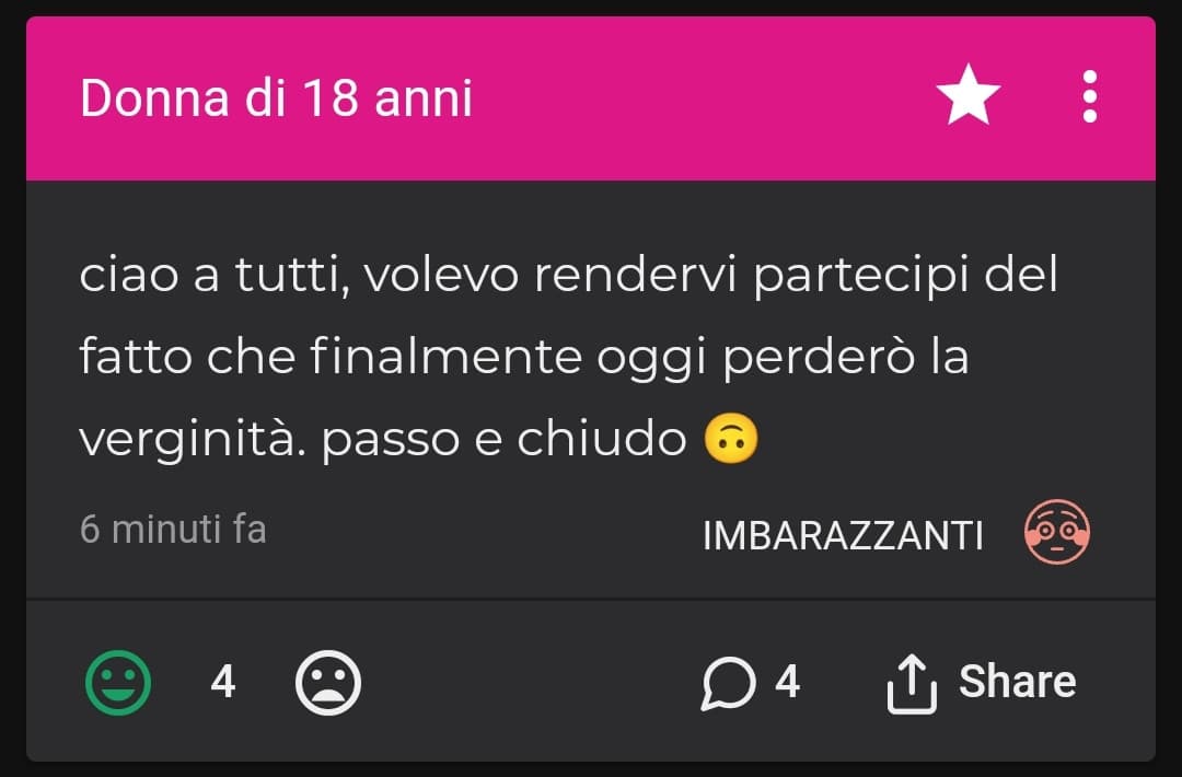 Tbh non c'è nulla di particolare nell'aver fatto o non aver fatto sesso. Ergo dire di perdere la verginità è una cosa che magari all'inizio sembrerà da fighi, o per come dire "finalmente anch'io", ma in fondo è una scopata. Nulla più. Descrizione