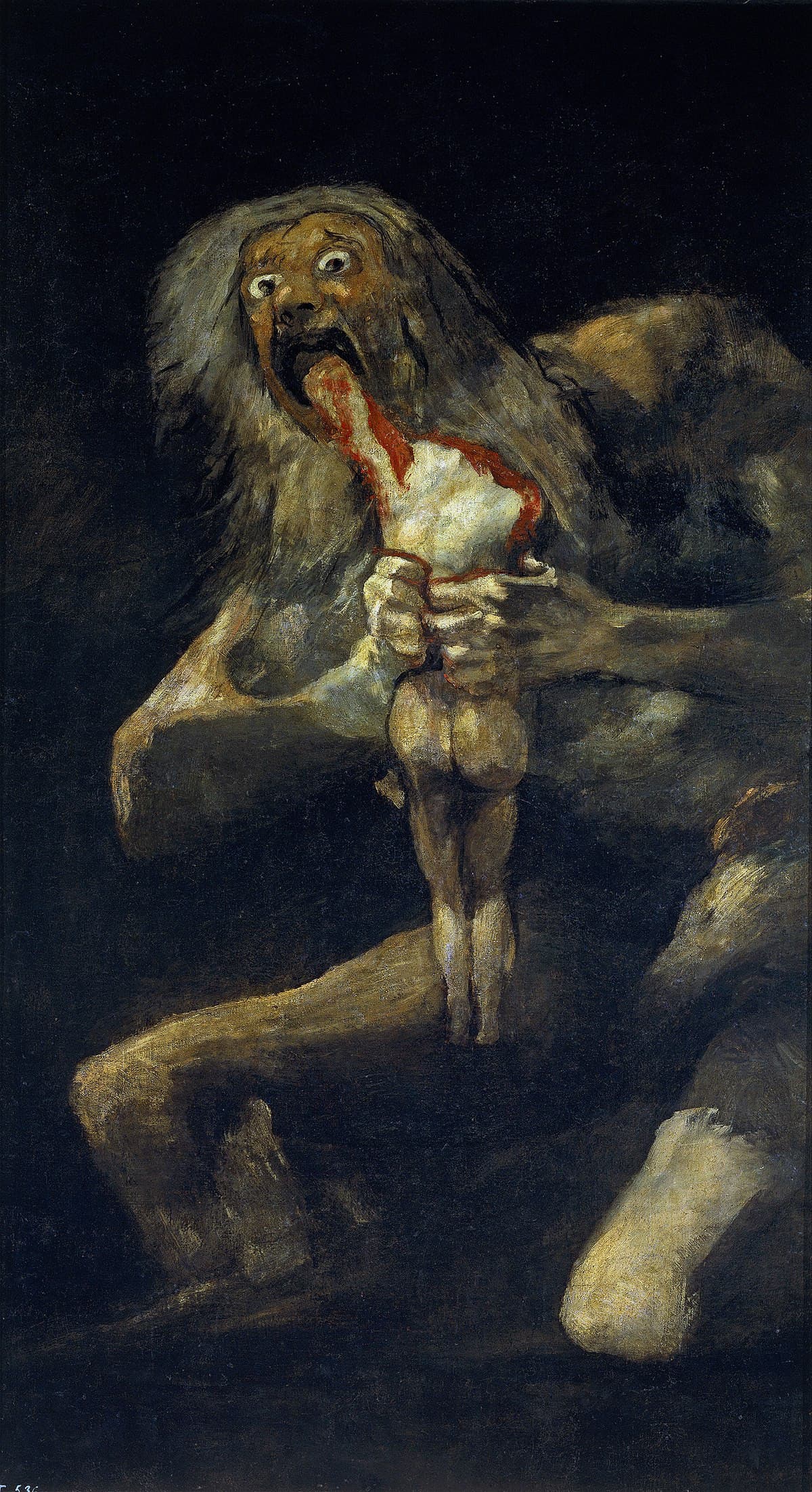 "Saturno che divora i suoi figli", dipinto a olio su intonaco trasportato su tela, (146x83 cm), Francisco Goya, 1821-1823, museo del Prado di Madrid.