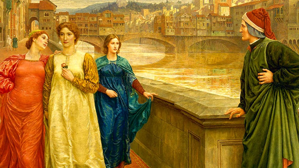 Eccolo li, Dante che si innamora di Beatrice (abito blu) a firenze. Ci son passato per di li, incredibile che ci sia passato l'uomo che ha ricevuto la più grande friendzone della storia umana. 