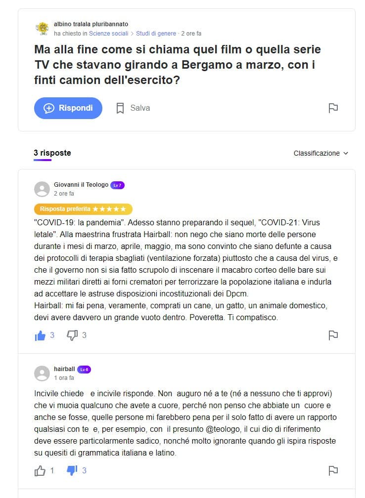 Mentre insegreto muore lentamente, vi mostro un po' di storia recente di Yahoo Answers con una mia domanda di fine 2020