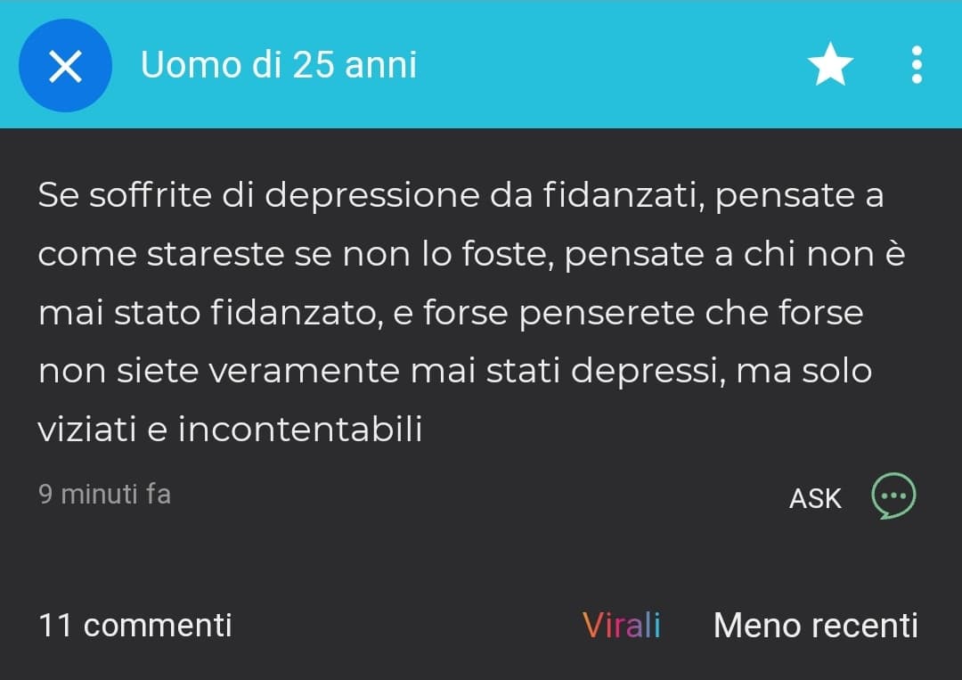 Nei commenti ci si diverte tanto. Vaffanculo 25enne vergine. Non capisco perché un qualsiasi essere umano dovrebbe volerti amare. Con affetto💕💫