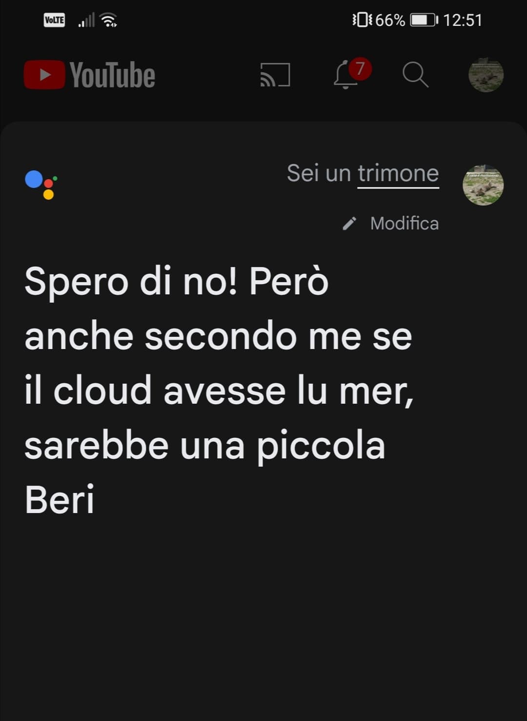 Gli avevo chiesto di ripodrurre un brano e mi ha mandato su YouTube su un brano metal tedesco, da lì il mio commento all'assistente e la sua risposta.