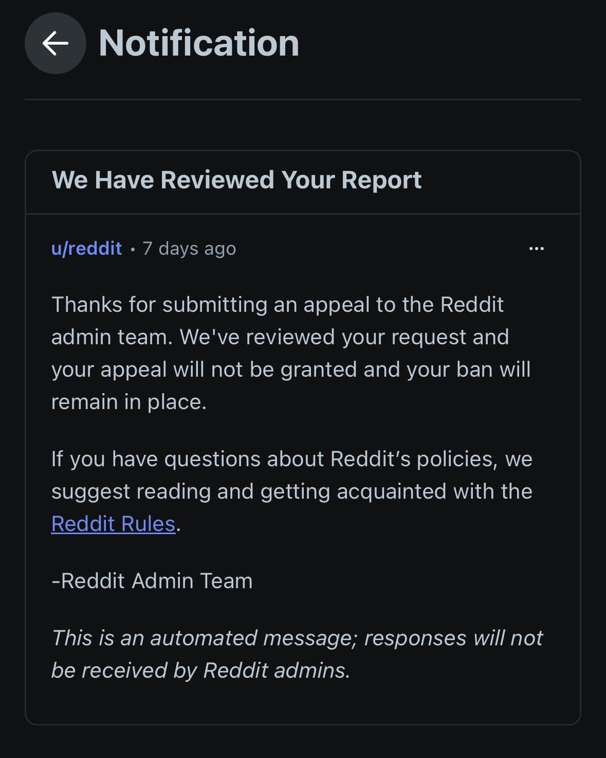 Vi ricordate che mi hanno bannata da Reddit, ecco sti figli di Trota mi hanno risposto e non lo riavrò più. Hanno il mio indirizzo Ip e appena facci