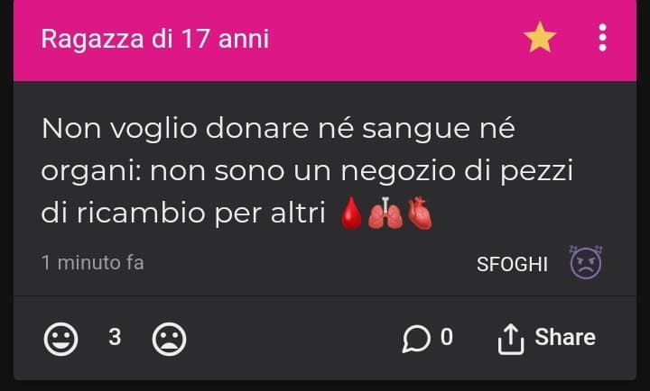 Bello come abbia tutti questi like solo perché supportare lei significa supportare voi stessi e non sentirvi male per il proprio egoismo, migliaia di persone muoiono perché non ci sono donatori