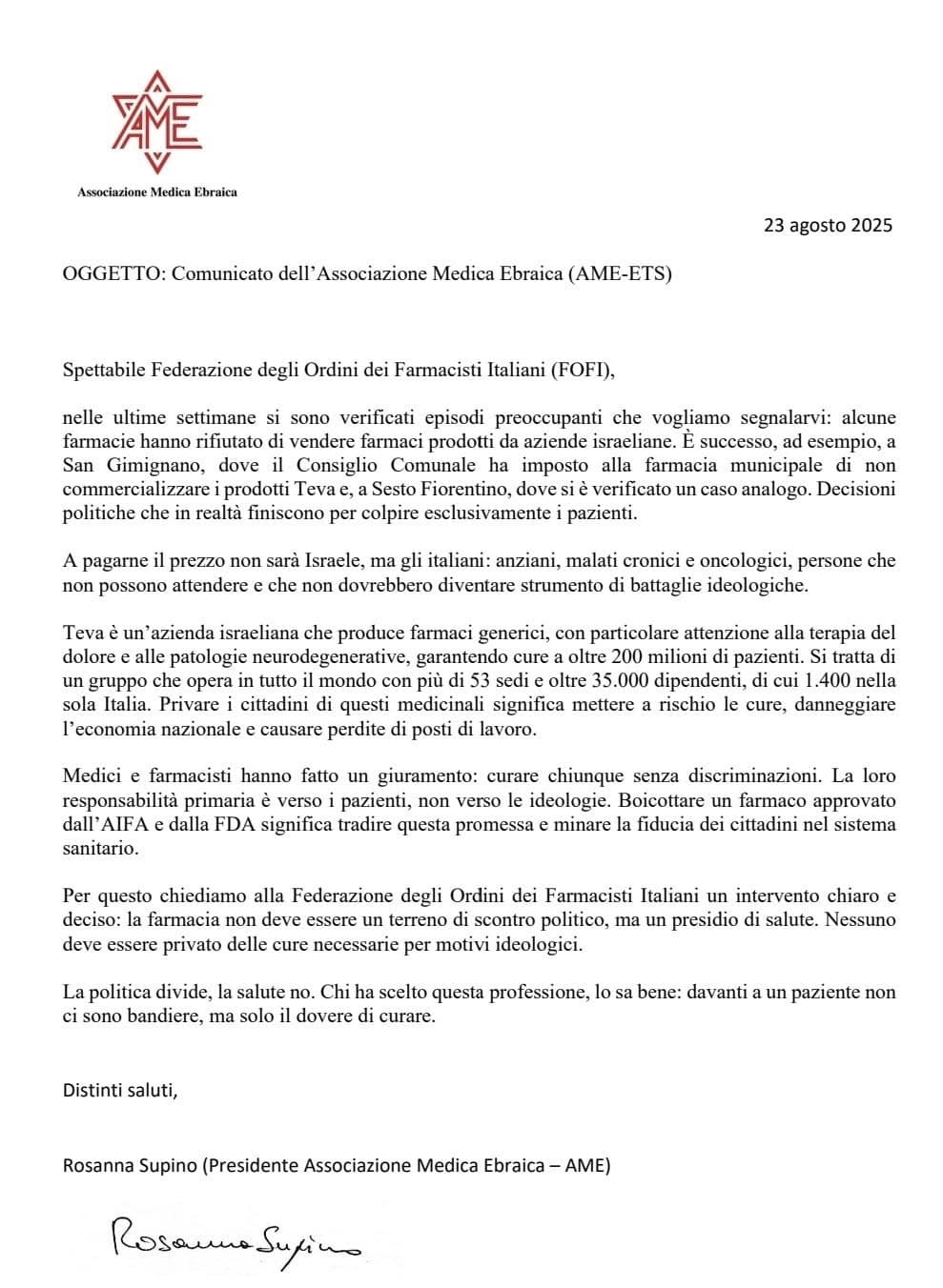 Comunicato dell'Associazione Medica Ebraica