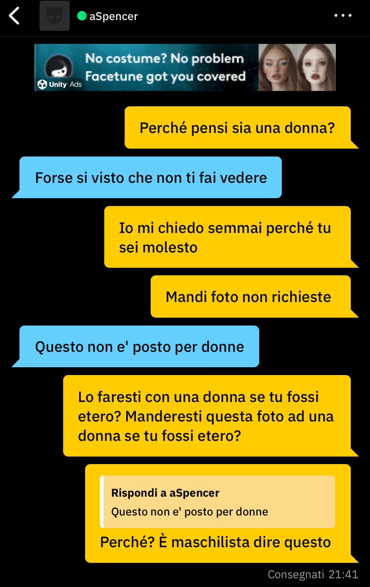 Mi fingo uomo gay su grindr e vengo molestata da questo che mi manda la foto non richiesta del suo ca
