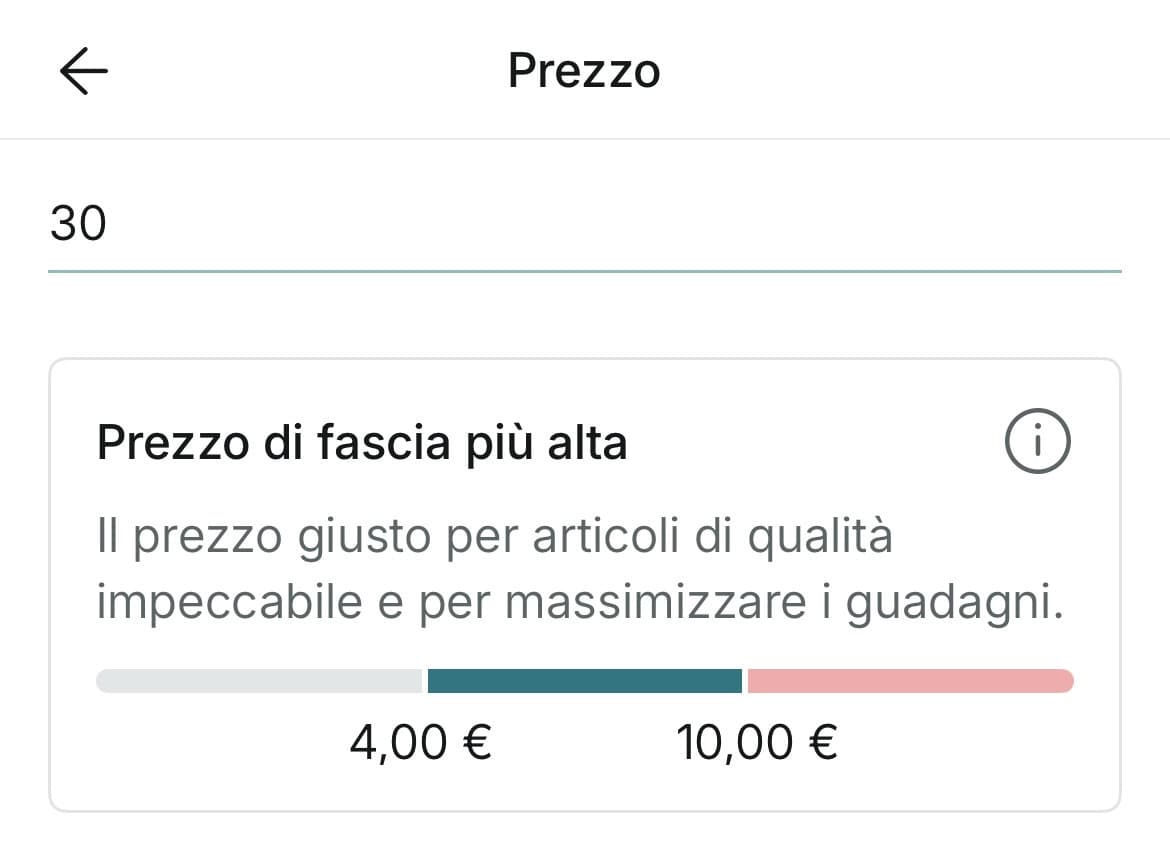 Vinted che mi suggerisce la fascia di prezzo con cui vendere il mio articolo, ma io lo vendo con 30€😈