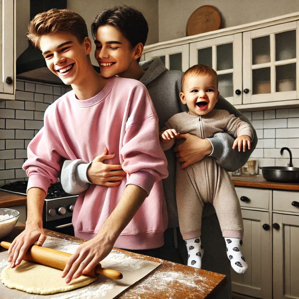 giovane famiglia cucina biscotti natalizi